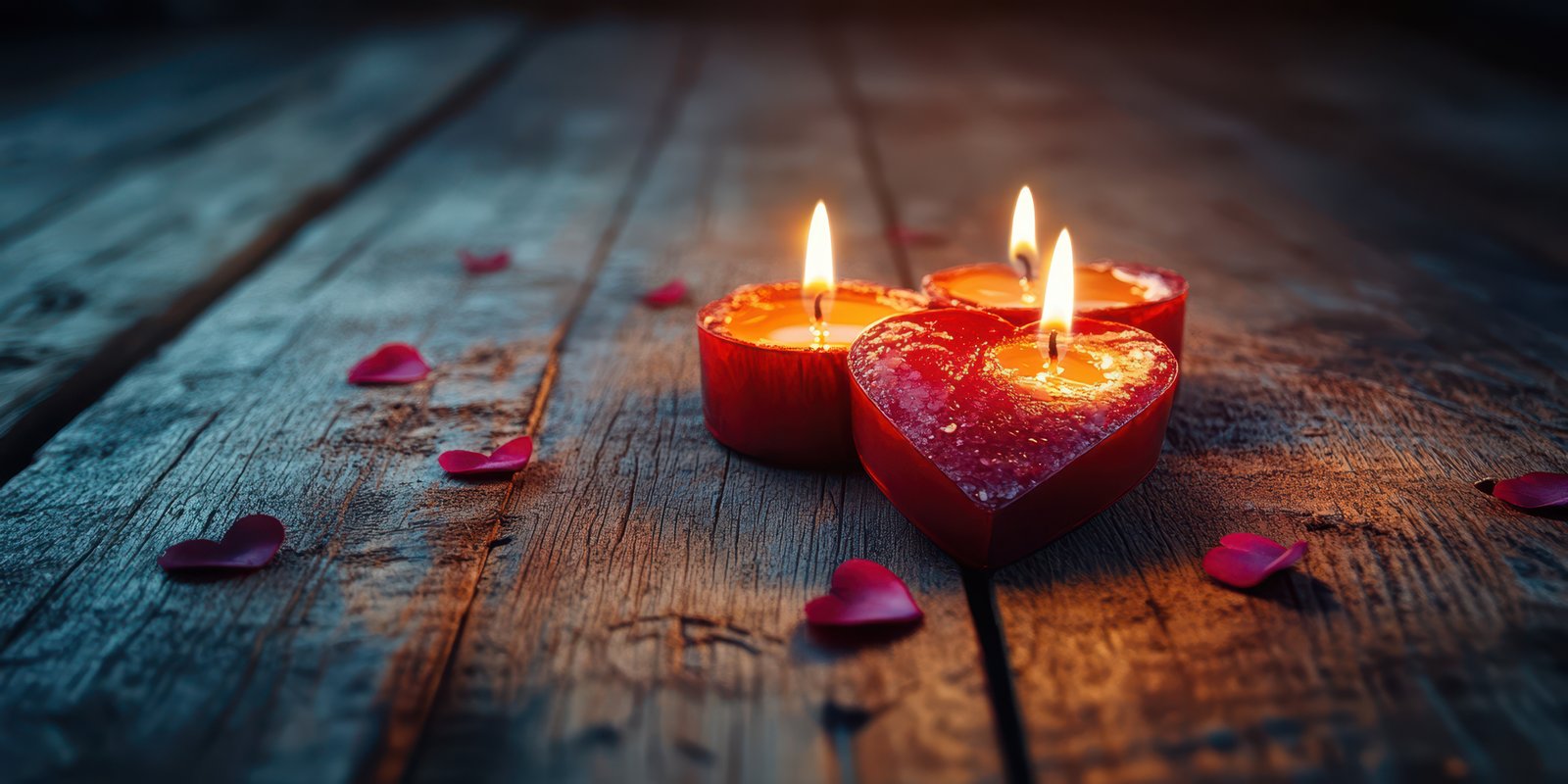 Heart-shaped candles illuminate a romantic setting with rose petals on a rustic wooden table at night